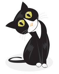 A vector illustration of a curious looking tuxedo cat sitting up and tilting his head on a white background.