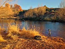 landscape photography with DSLR, tripod and camera bag