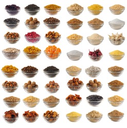 Choice dry food to utensils on a white background