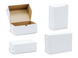 Plain white boxes shot from different angles in composition. One is open. Over white background.