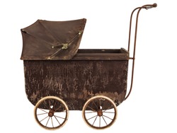 Side view of a nineteenth century brown baby pram isolated on a white background