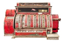 Vintage red ornamental cash register isolated on a white background