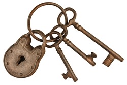 Rusted lock and keys attached on a keyring isolated on a white background