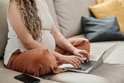 Cropped shot of young pregnant woman typing on laptop keypad while sitting with crossed legs on couch in living room and networking