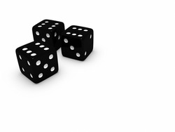 Three black casino dice on a white background