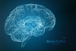 Vector blue illustration of 3d brain side with synapses and glowing neurons. Conceptual image of idea birth or artificial intelligence. Net of shiny lines forms brain structure. Futuristic mind scan.