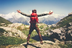 Traveler Man with backpack jumping hands raised mountains landscape on background Lifestyle Travel happy emotions success concept summer vacations outdoor
