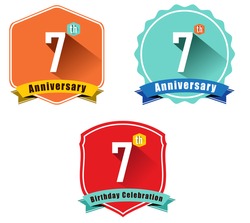 7 year birthday celebration flat color vintage label badge, 7th anniversary decorative  emblem - vector illustration eps10