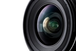 Close up of camera lens with a white background.