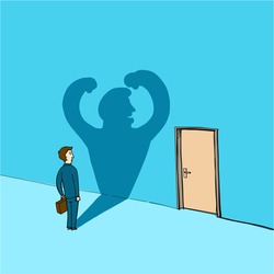 self confidence and courage  - conceptual vector illustration of man standing in front of the door