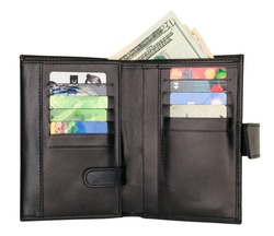Black natural leather wallet isolated on white background. Expensive man's purse closeup. Wallet filled up with money and plastic cards