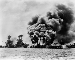 Pearl Harbor: three stricken U.S. battleships. Left to right: U.S.S. West Virginia, severely damaged; U.S.S. Tennessee, damaged; and U.S.S. Arizona, sunk, December 7, 1941