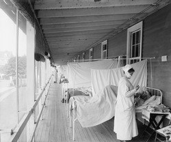 Walter Reed Hospital flu ward during the Spanish Flu epidemic of 1918-19, in Washington DC. The pandemic killed an estimated 25,000,000 persons throughout the world.