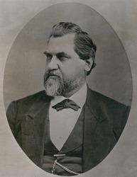 Leland Stanford 1824-1893 was drawn to California by the Gold Rush in 1850s. Investor in the Central Pacific Railroad was elected Governor and U.S. Senator and founded Stanford University. Ca. 1870.