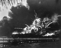 Explosion of the USS Shaw's forward magazine during the Japanese attack on Pearl Harbor, Dec. 7, 1941. The Shaw was repaired and served in the Pacific through World War 2.