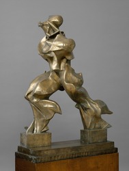 UNIQUE FORMS OF CONTINUITY IN SPACE, by Umberto Boccioni, 1913, Italian Futurist bronze sculpture. The artists classic striding figure forms are shaped by the power of its forward movement. Cubism pro