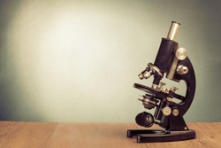 Vintage microscope on table for science background