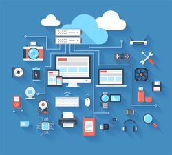 Vector illustration of hardware and cloud computing concept on blue background with long shadow.