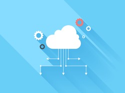 Vector illustration concept of cloud computing isolated on blue background with long shadow.