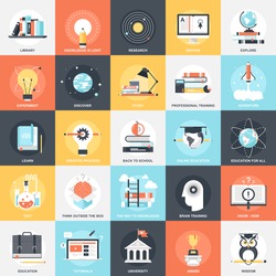 Abstract vector collection of colorful flat education and knowledge icons. Design elements for mobile and web applications.
