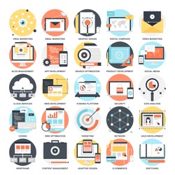 Abstract vector collection of colorful flat SEO and development icons. Design elements for mobile and web applications.