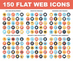 Vector set of 150 flat web icons with long shadow on following themes - SEO and development, creative process, business and finance, office and business, security and protection, shopping and commerce
