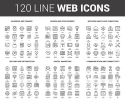 Vector set of 120 flat line web icons on following themes - business and finance, design and development, network and cloud computing, SEO and web optimization, digital marketing, communication
