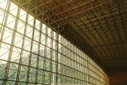 Sun Ceiling and Large window inside Big industrial Building. Abstract Construction