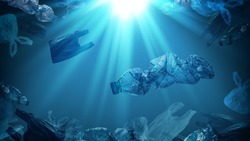 creative background of PET plastic bottles and single-use plastic bags floating in sea or ocean with rays of sunlight effect, polyethylene terephthalate plastic, concept of environmental pollution.
