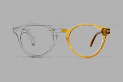Design sketch draft beige color eye glasses isolated on gray background, ideal photo for display or advertising sign or for a web banner