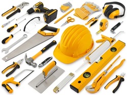 Construction work tools for building. Yellow hard hat with work equipment isolated on white background. Layout for home service repair concept or hardware store showcase banner.Top view set of objects