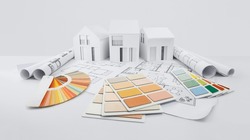 design and choice colors for house planning, plaster samples on blueprint with model house, supply and technical service in shop of color, in the hardware and in the store of building material.