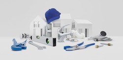 plumbing service, components and plumber work tools on desk with model house, pipe wrench, faucet and blue hat, plumbing shop, technical assistance, supply and installation, heating and piping systems