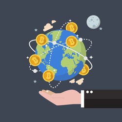 Cryptocurrency Bitcoin Global Network Technology. Businessman holding earth globe. Flat style vector illustration