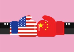 Conflict between USA and China. Two hand with boxing gloves fighting.