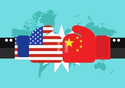 Conflict between USA and China with world map background. Two hand with boxing gloves fighting.