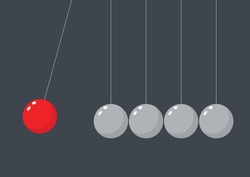 Red sphere hanging on threads hitting another pendulum group. Leadership power and uniqueness concept. Vector illustration