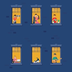 Apartment building facade with neighbor people in open windows at night. vector illustration.