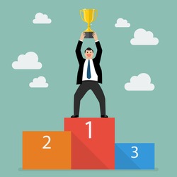 Winner businessman with winning trophy stand on a podium. Business success concept