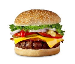 The perfect hamburger with cheese, bacon, pickles, tomato, onions and lettuce.