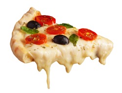 A hot pizza slice with dripping melted cheese. Isolated on white.