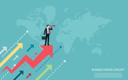 Business vision concepts, Businessmen standing on a red arrow use binocular look to the success, Vector illustration flat