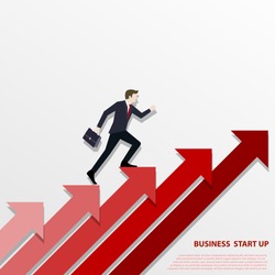 A Business man steps up stairs to successful point, Steps to starting a business success. Businessman walking up on red arrow, Arrow stairs, Concept start up business, Vector illustration flat