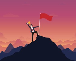 Businessman holding up a gold trophy cup with success flag on top of mountain. Sunset background, Business, Success, Leadership, Achievement, People successful career concept, Vector illustration flat