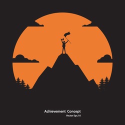 Silhouette businessman of successful. Businessman holding flag and trophy standing on the top of mountain. Achievement, Career, Success concept, Vector illustration flat