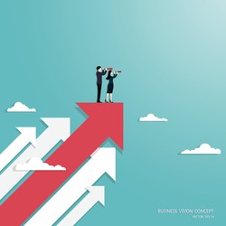Business vision, Businessteam holding telescope standing on red arrow up go to success in career, Concept business, Achievement, Character, Leadership, Vector illustration flat