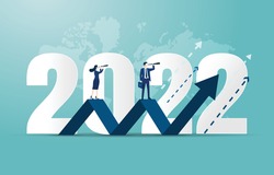 Happy new year 2022. 2022 business goals concept illustration. Business team seeking new opportunities. Leadership. Vision. Achievement. Success vector design