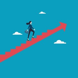 Business vision and target, Business woman walking on red arrow stair up go to success in career. Concept business, Achievement, Character, Leader, Vector illustration flat