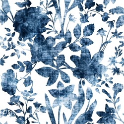 Floral decorative seamless pattern,  Denim floral wallpaper. Blue Jeans background with flowers, leaves and branches. vector grunge texture.