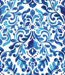  Seamless vintage ornamental watercolor paint pattern for fabric and ceramic tile. Indigo Portuguese abstract filigree background. Classic Blue damask, hand drawn floral design.
